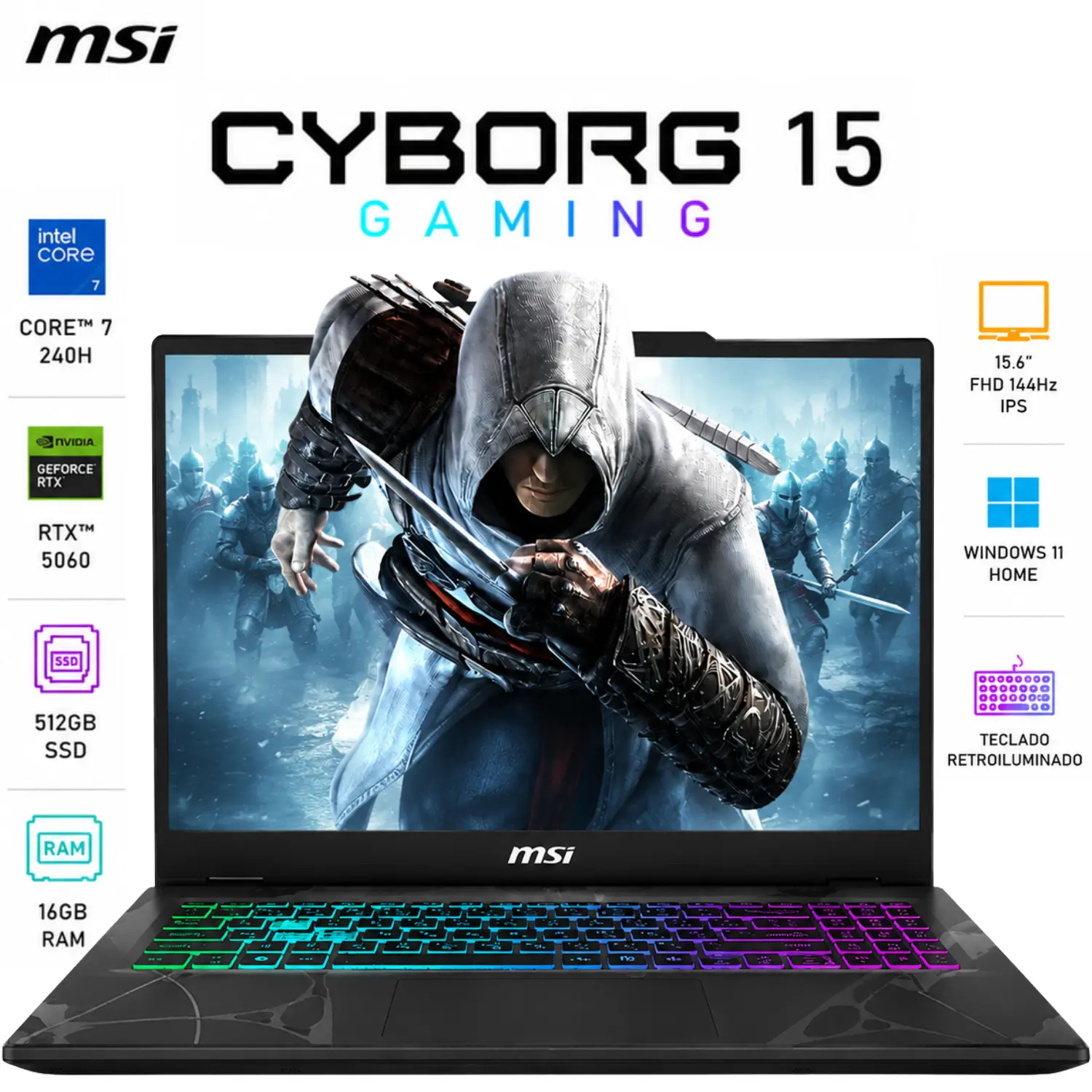 MSI Cyborg 15 GAMING Core 7-240H 512GB SSD 16GB 15.6 1920x1080 144Hz IPS WIN11 NVIDIA RTX 5060 BLACK Backlit Keyboard