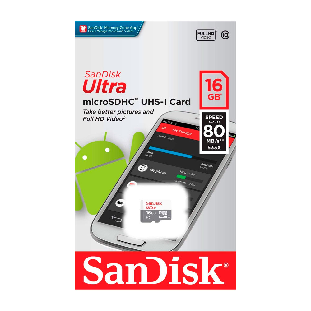 SanDisk Ultra 16GB MicroSDHC - Class 10 SDSQUNS-016G-GN3MA - Sandisk