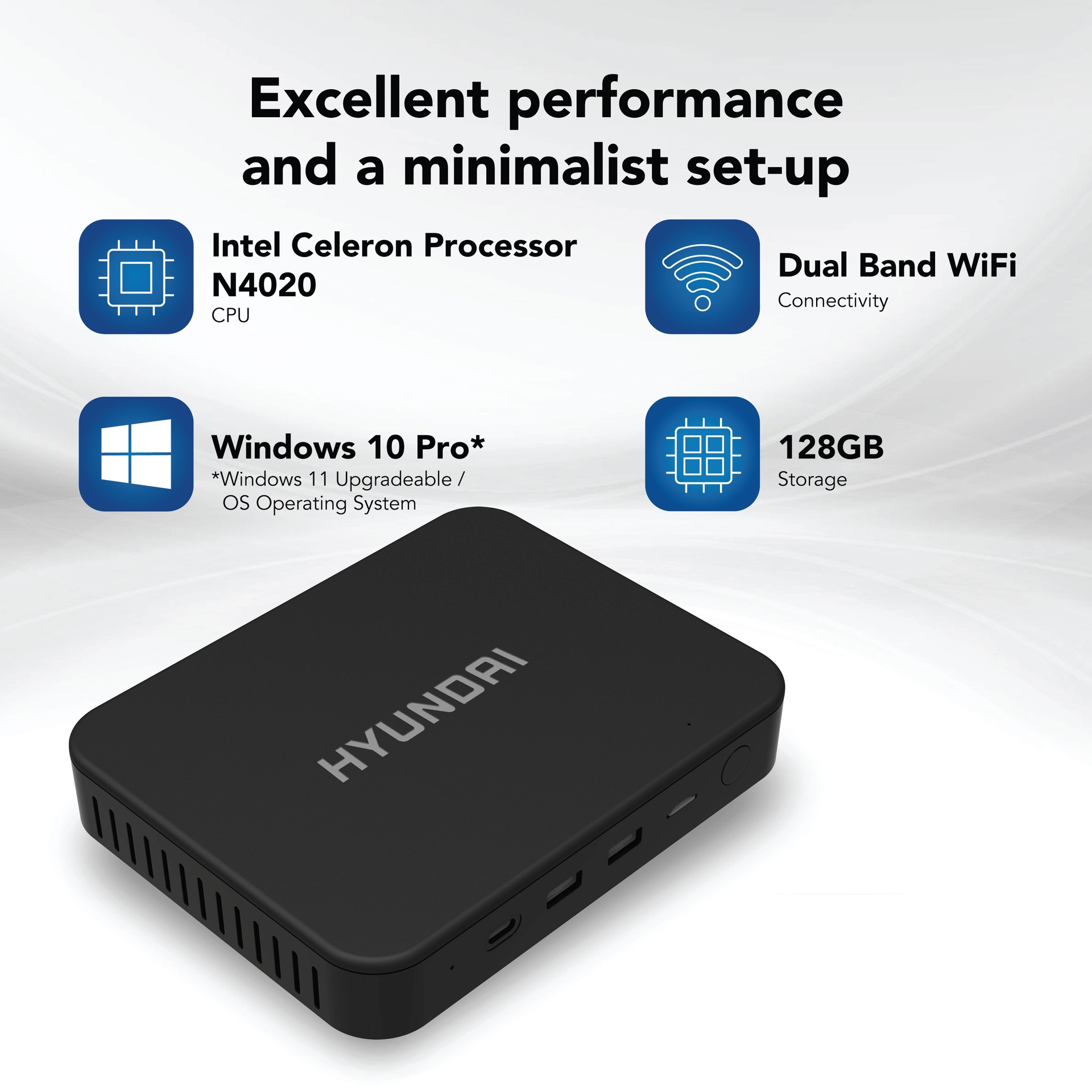 Hyundai Mini PC Windows 11 Home Intel N4020 4GB RAM 128GB Storage Supports 2.5 SATA M.2 SSD Slot USB-C Dual Monitor Support 4K UHD Fanless Vesa Mount Included AC WiFi HTN4020MPC02 - Código: HTN4020MPC02 | Compra en Guadalajara